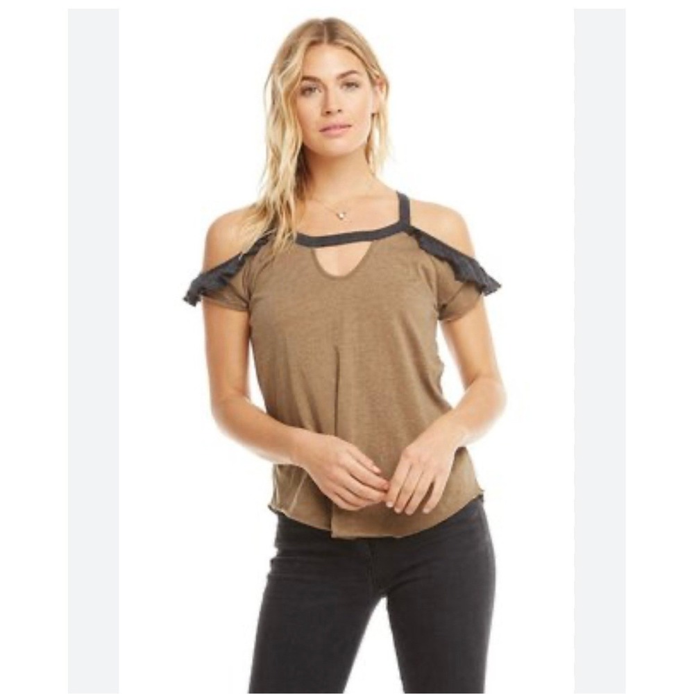 Chaser Ruffle Cold Shoulder Top XS Sage Black Ruffle Raw Edge Rolled Hem Utility
